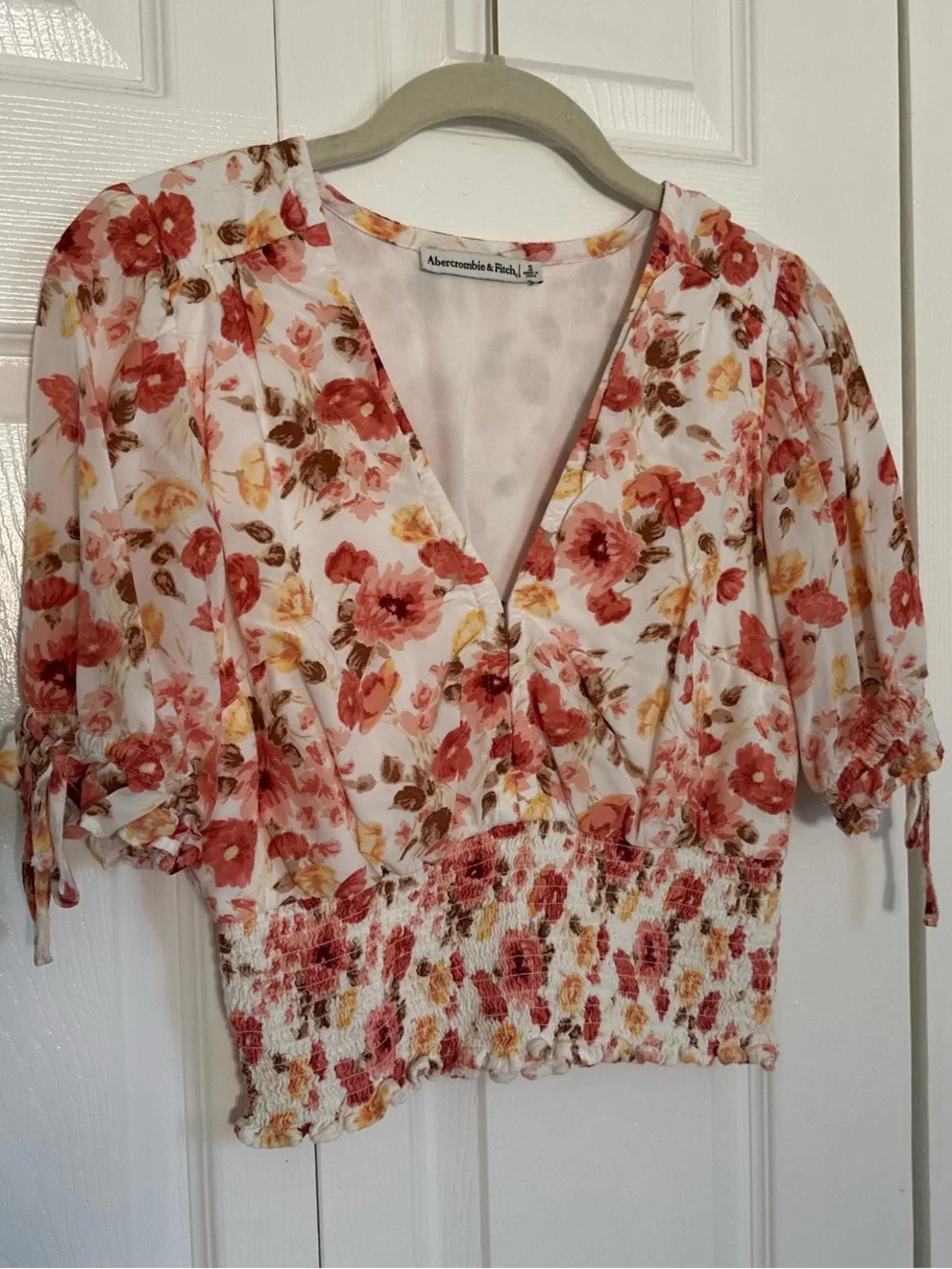 Floral Smocked Waist Women's Top - White Floral